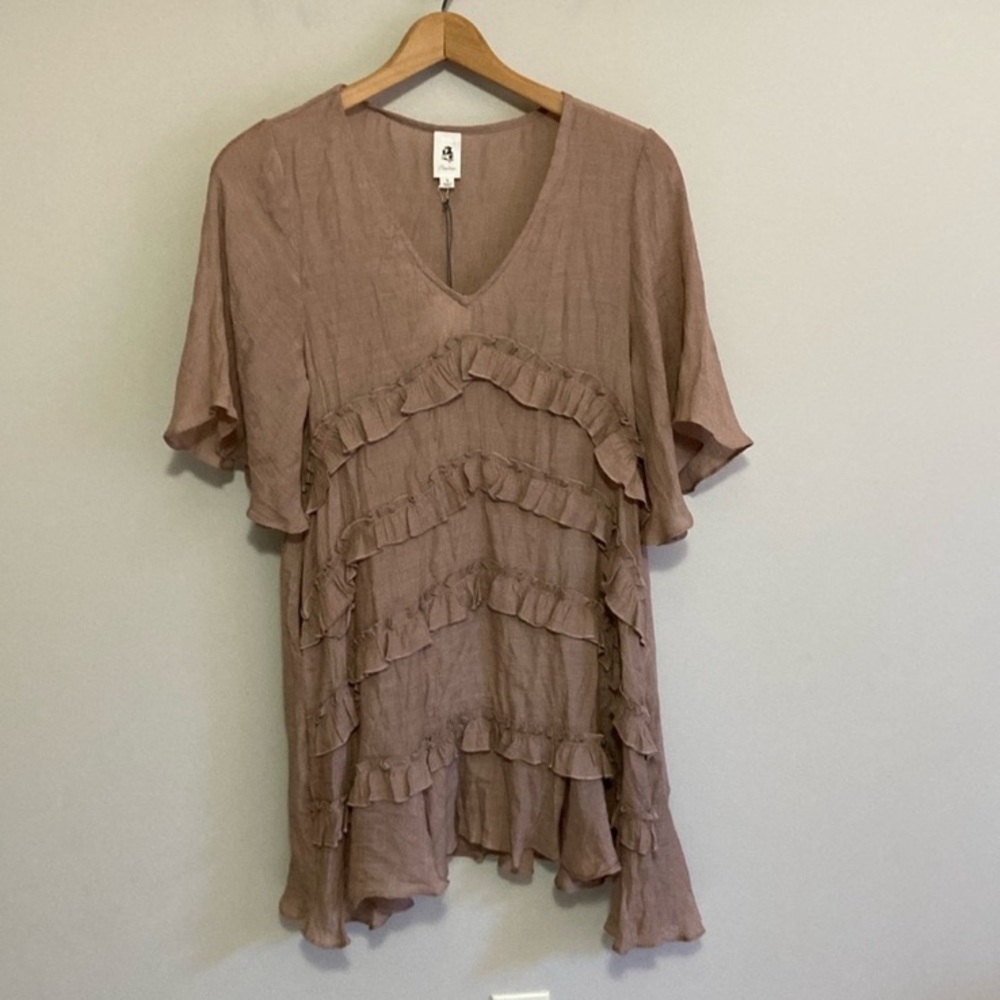 NWT FLAWLESS Ruffled Brown Mini Dress, Size Small, V-neck short sleeve - Picture 2 of 8